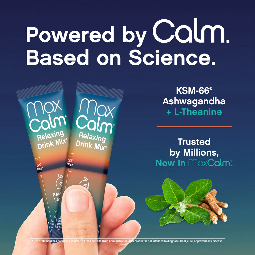Max Calm Relaxing Drink Mix | Raspberry-Lemonade Flavor | Magnesium & KSM-66 Ashwagandha Supplement | Supports Relaxation | 30 Single-Serve Packets
