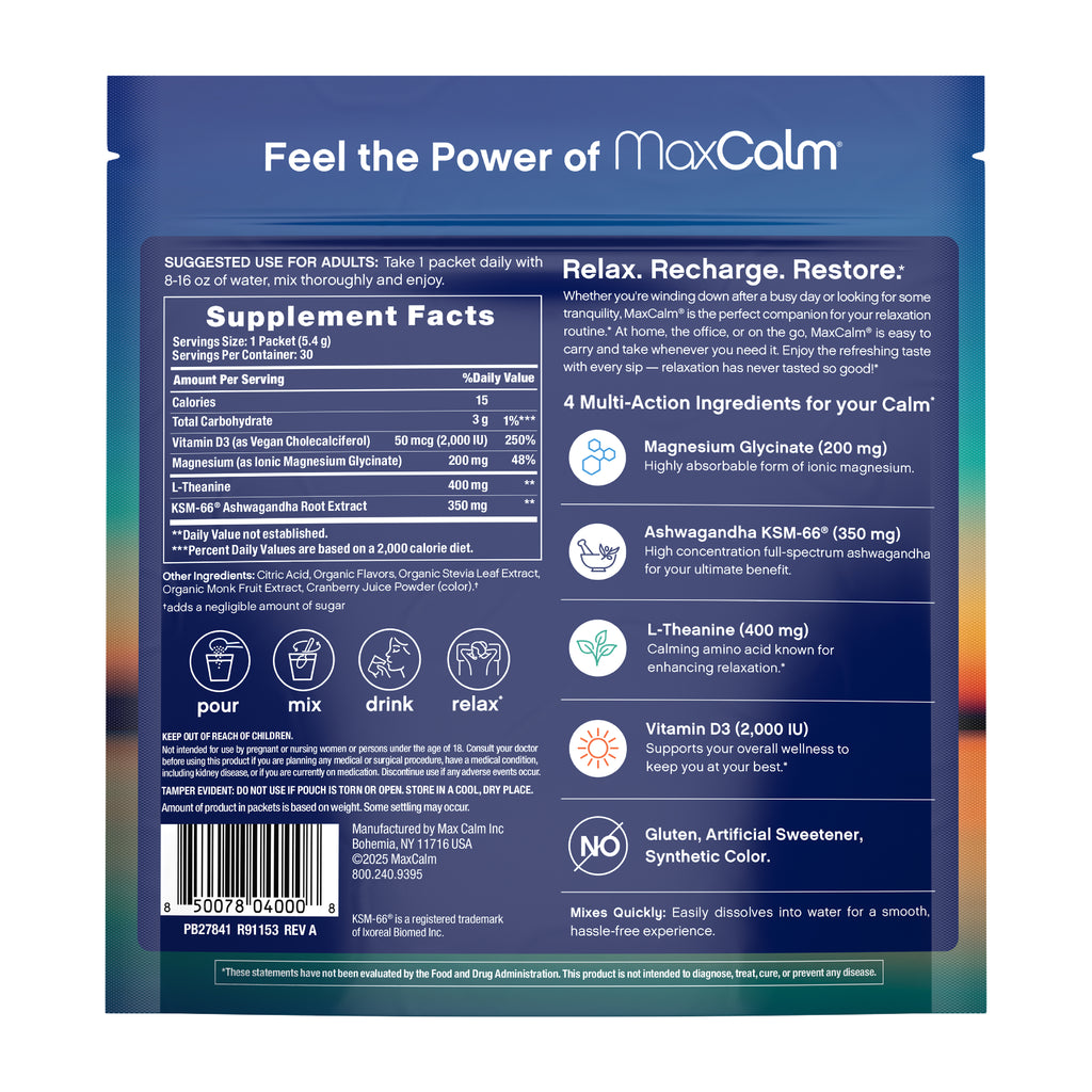 Max Calm Relaxing Drink Mix | Raspberry-Lemonade Flavor | Magnesium & KSM-66 Ashwagandha Supplement | Supports Relaxation | 30 Single-Serve Packets