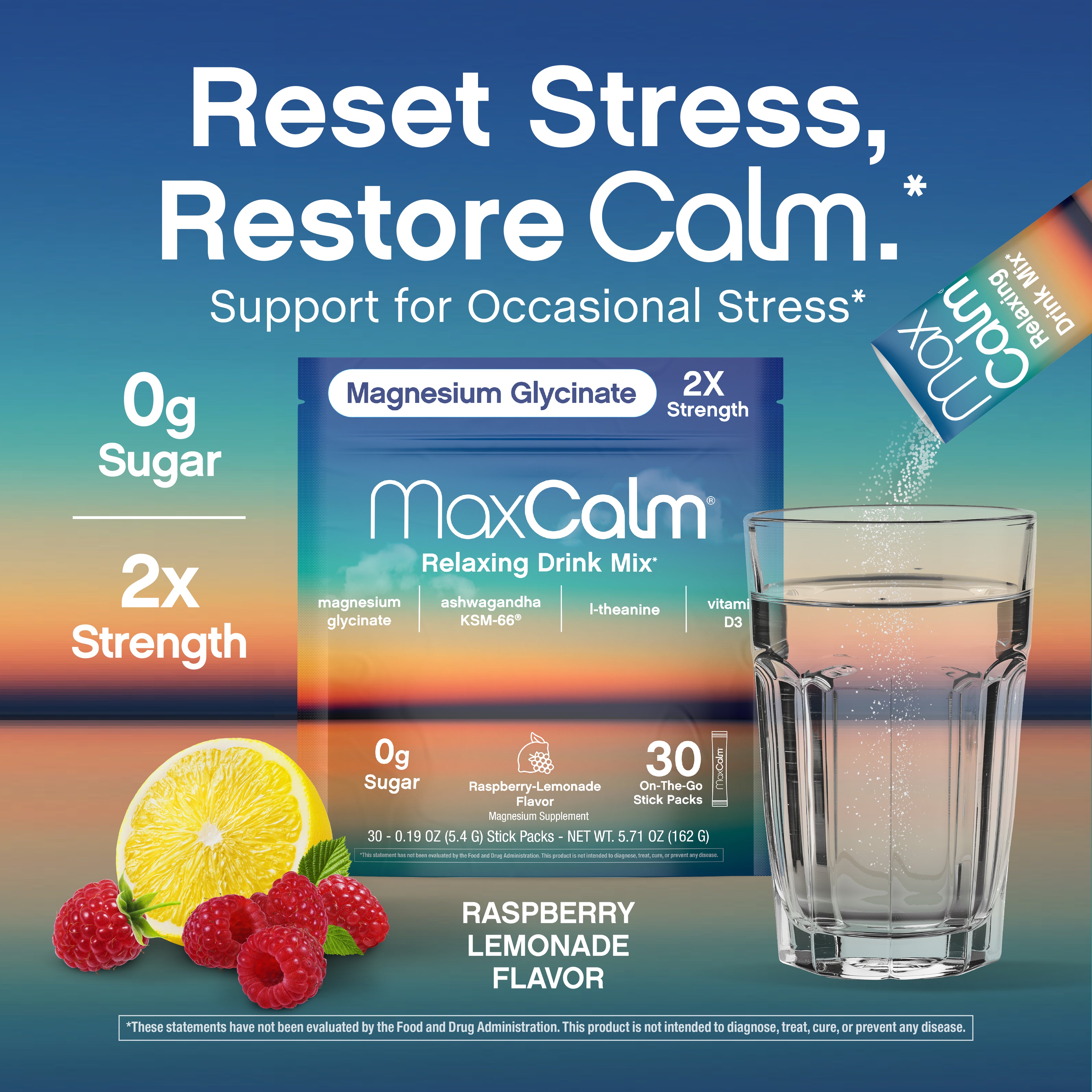 Max Calm Relaxing Drink Mix | Raspberry-Lemonade Flavor | Magnesium & KSM-66 Ashwagandha Supplement | Supports Relaxation | 30 Single-Serve Packets