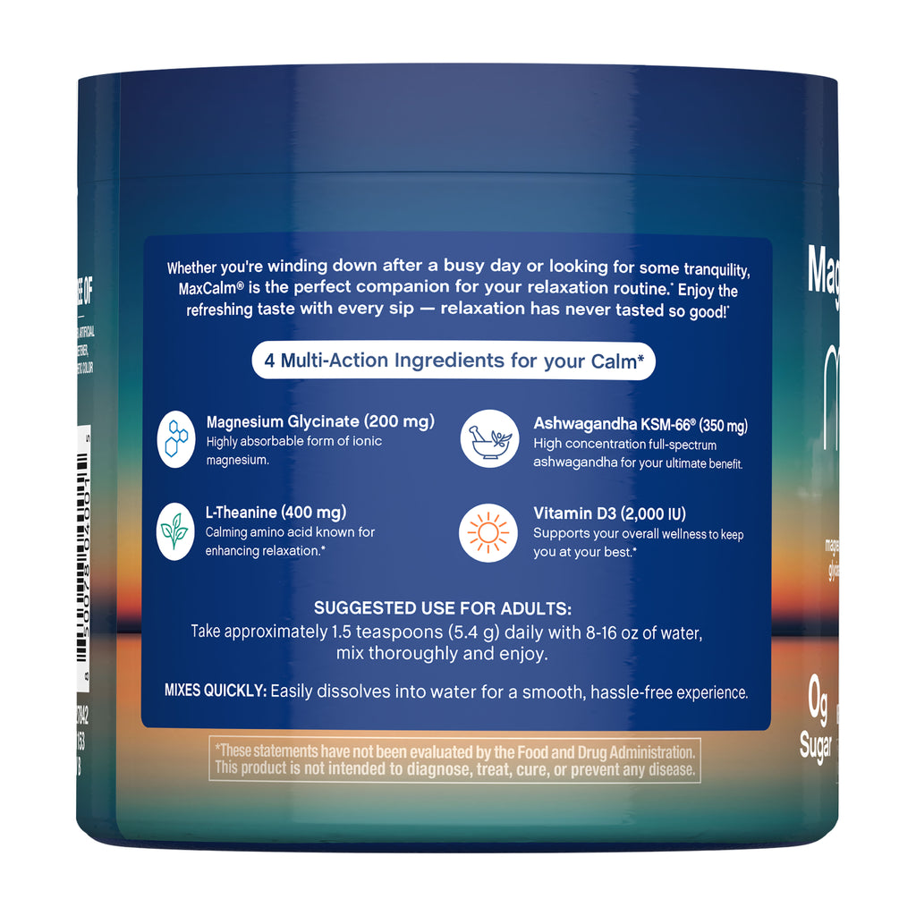Max Calm Relaxing Drink Mix | Raspberry-Lemonade Flavor | Magnesium Glycinate, KSM-66 Ashwagandha, L-Theanine & Vitamin D3 | MaxCalm | Gluten-Free, Vegan | 8 Ounce Powder