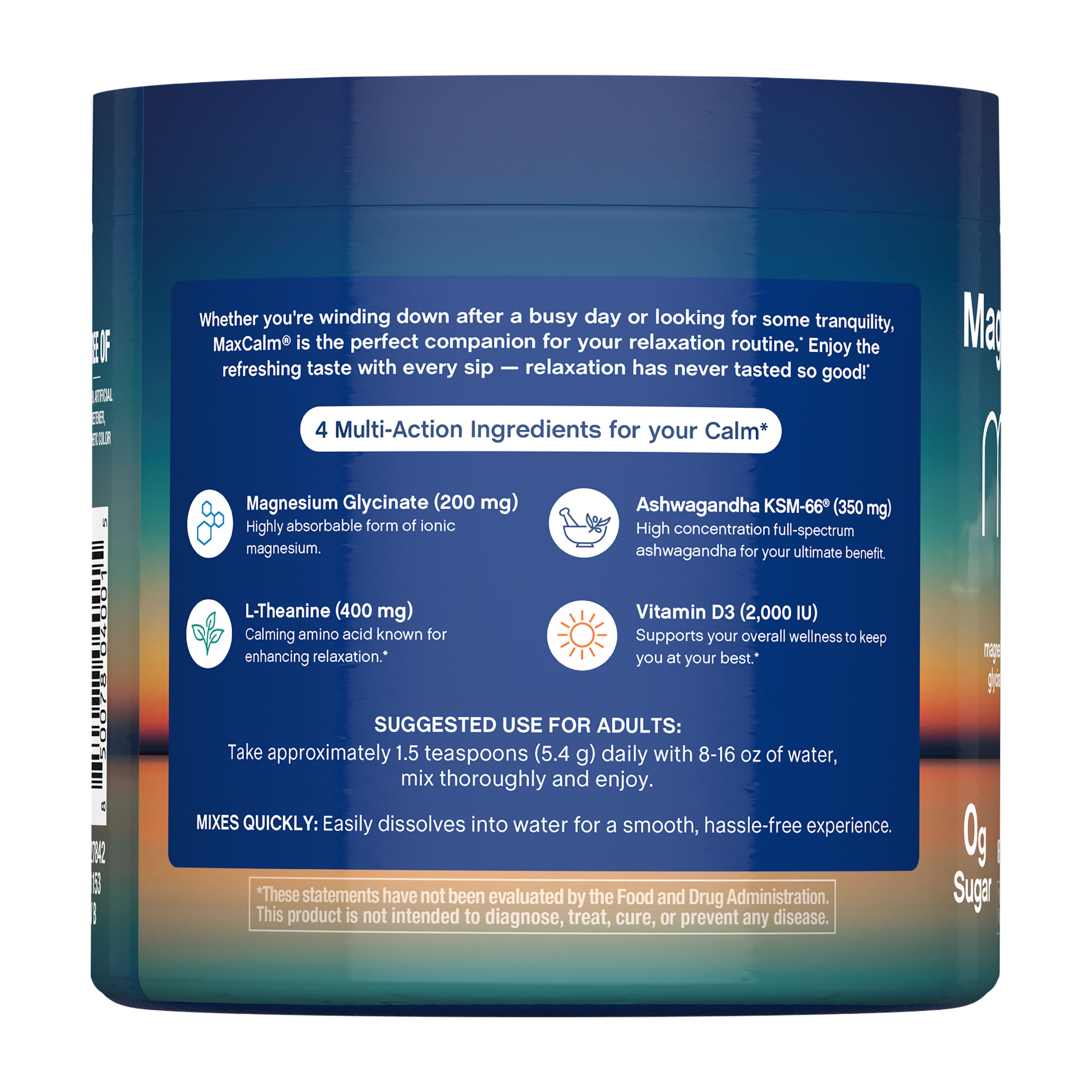 Max Calm Relaxing Drink Mix | Raspberry-Lemonade Flavor | Magnesium Glycinate, KSM-66 Ashwagandha, L-Theanine & Vitamin D3 | MaxCalm | Gluten-Free, Vegan | 8 Ounce Powder