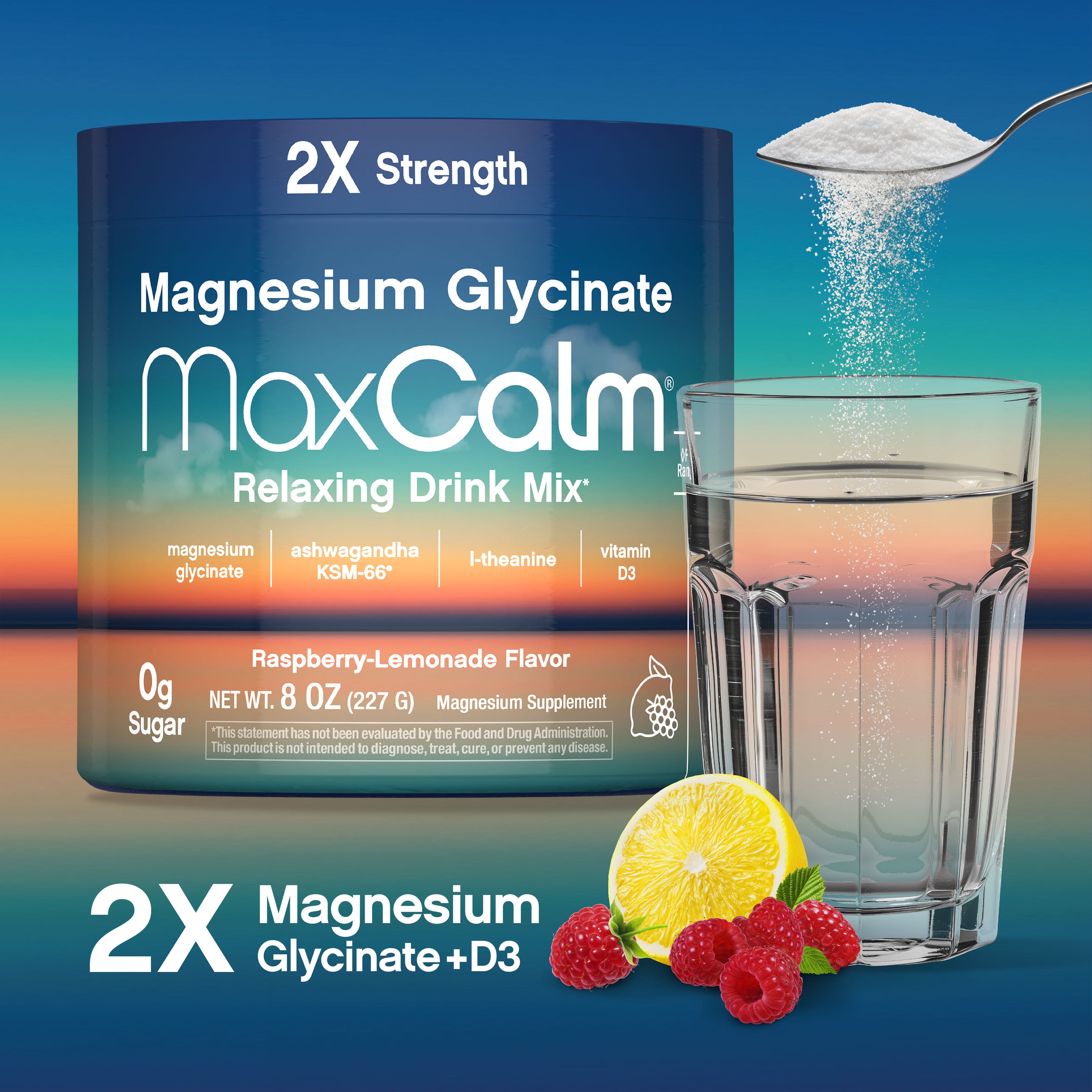 Max Calm Relaxing Drink Mix | Raspberry-Lemonade Flavor | Magnesium Glycinate, KSM-66 Ashwagandha, L-Theanine & Vitamin D3 | MaxCalm | Gluten-Free, Vegan | 8 Ounce Powder