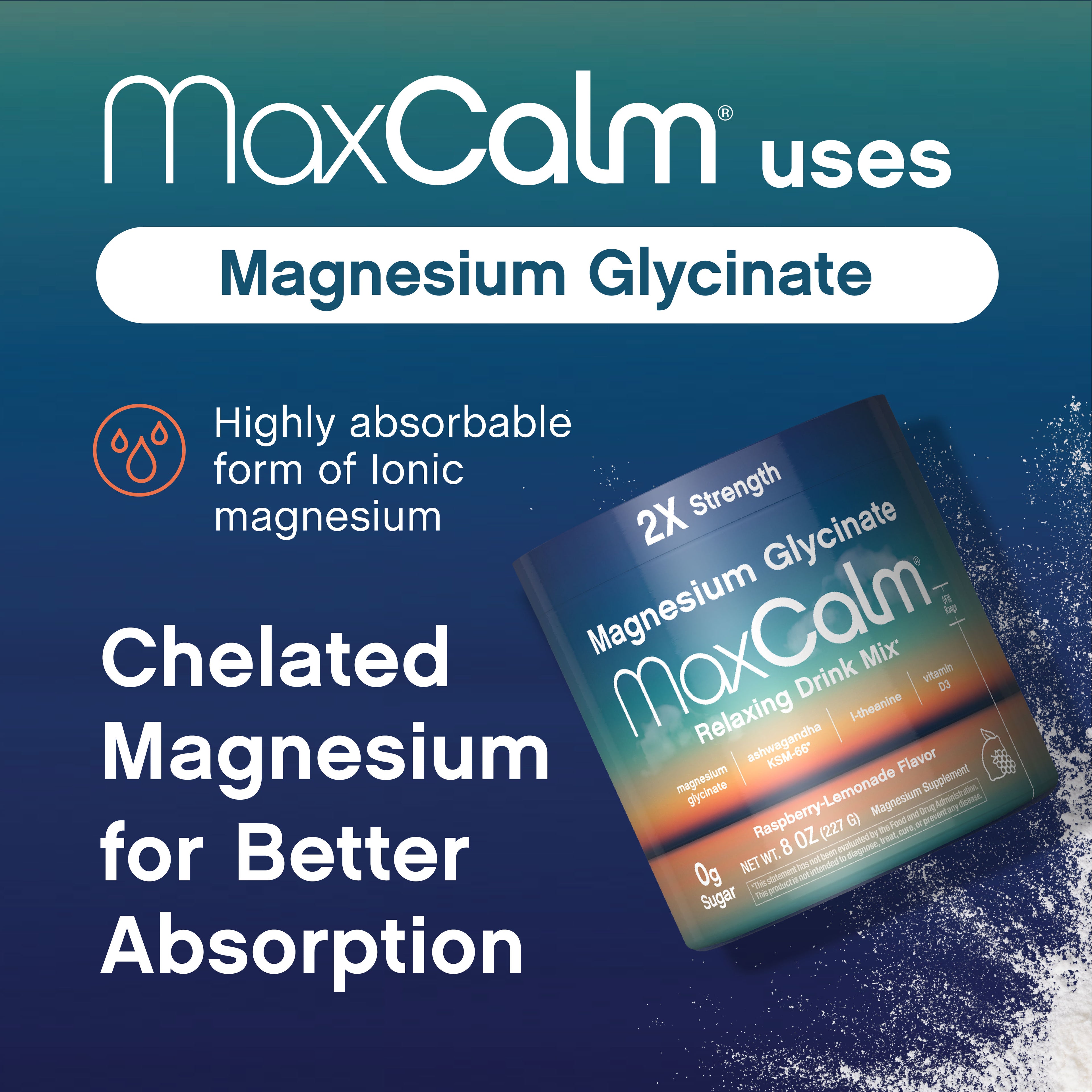 Max Calm Relaxing Drink Mix | Raspberry-Lemonade Flavor | Magnesium Glycinate, KSM-66 Ashwagandha, L-Theanine & Vitamin D3 | MaxCalm | Gluten-Free, Vegan | 8 Ounce Powder