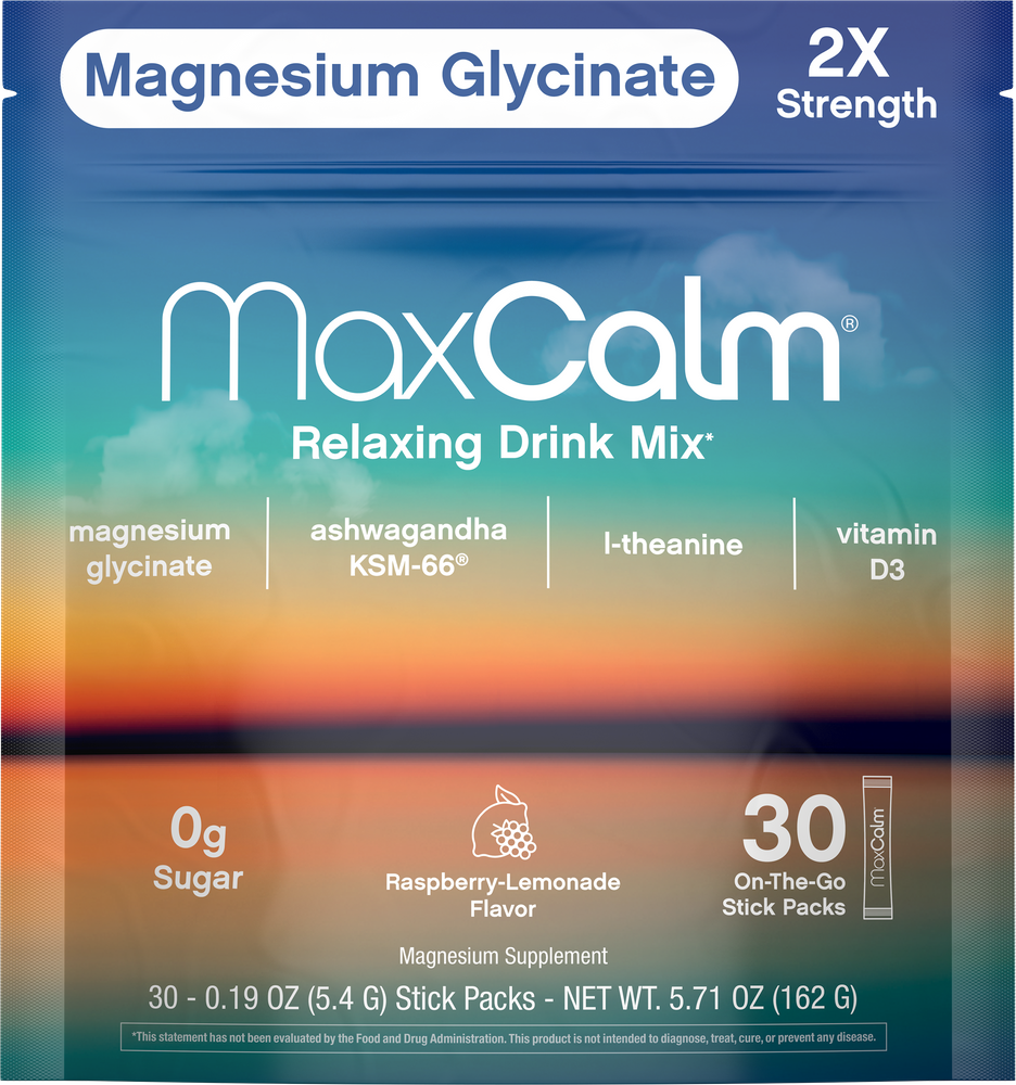 Max Calm Relaxing Drink Mix | Raspberry-Lemonade Flavor | Magnesium & KSM-66 Ashwagandha Supplement | Supports Relaxation | 30 Single-Serve Packets