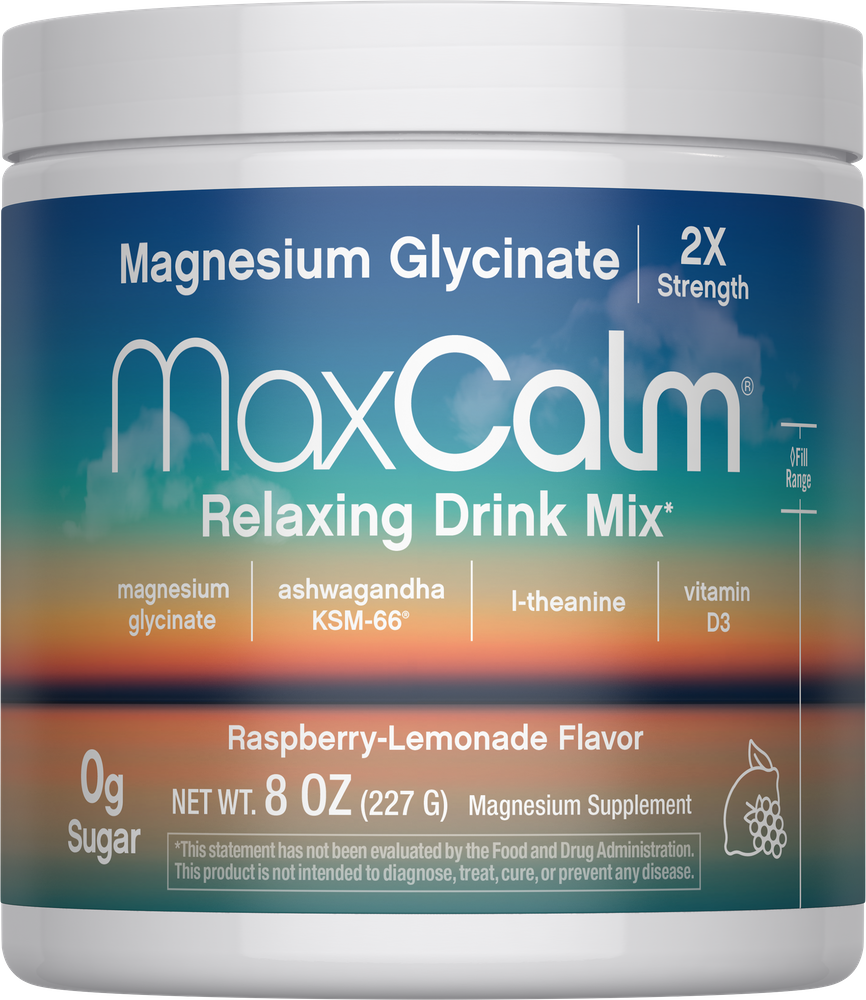 Max Calm Relaxing Drink Mix | Raspberry-Lemonade Flavor | Magnesium Glycinate, KSM-66 Ashwagandha, L-Theanine & Vitamin D3 | MaxCalm | Gluten-Free, Vegan | 8 Ounce Powder