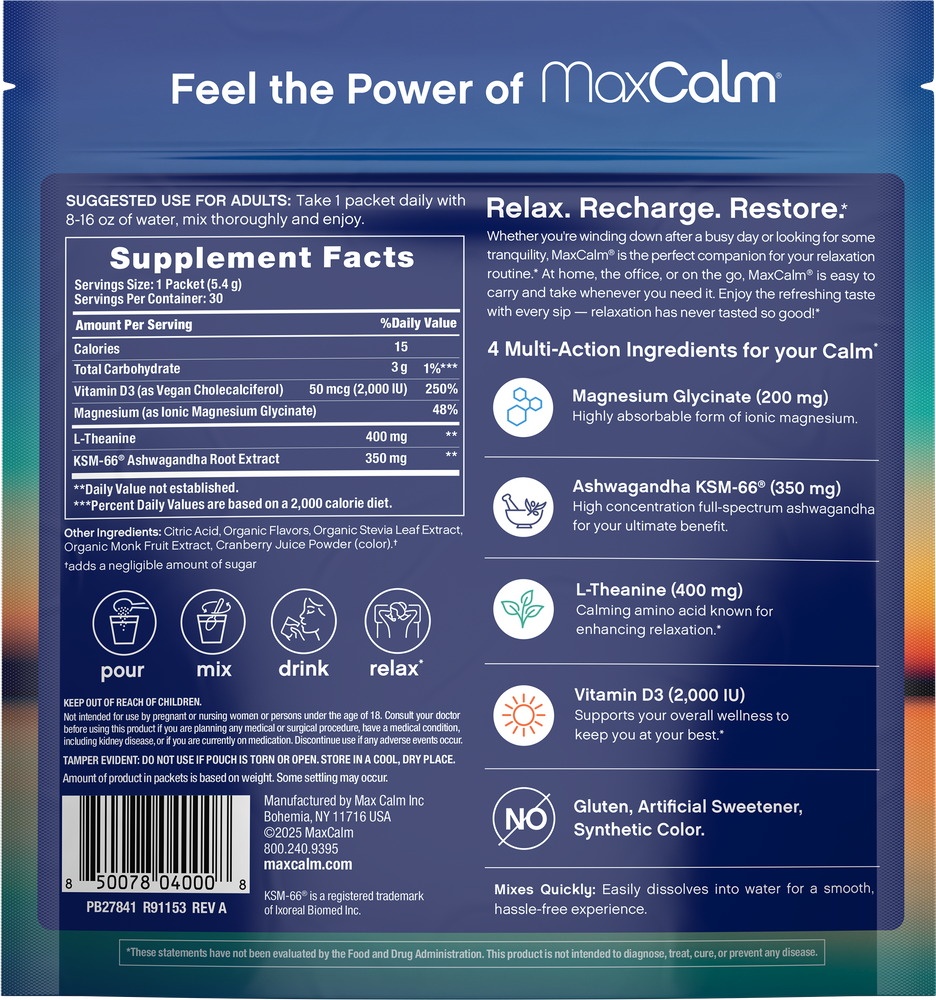 Max Calm Relaxing Drink Mix | Raspberry-Lemonade Flavor | Magnesium & KSM-66 Ashwagandha Supplement | Supports Relaxation | 30 Single-Serve Packets