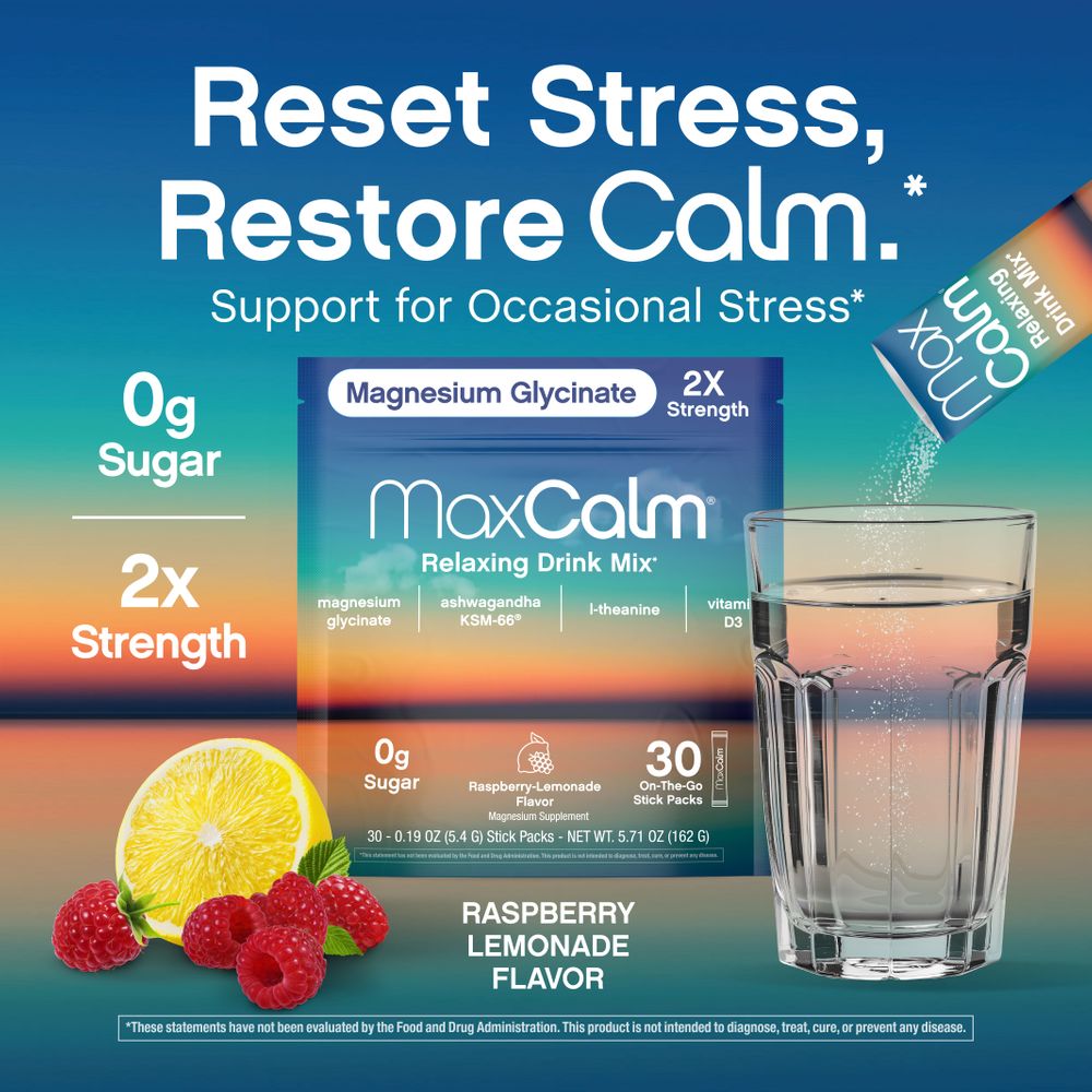 Max Calm Relaxing Drink Mix | Raspberry-Lemonade Flavor | Magnesium & KSM-66 Ashwagandha Supplement | Supports Relaxation | 30 Single-Serve Packets