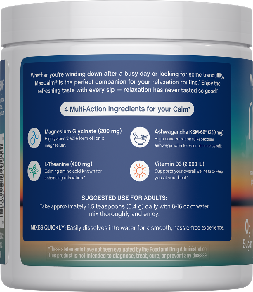 Max Calm Relaxing Drink Mix | Raspberry-Lemonade Flavor | Magnesium Glycinate, KSM-66 Ashwagandha, L-Theanine & Vitamin D3 | MaxCalm | Gluten-Free, Vegan | 8 Ounce Powder