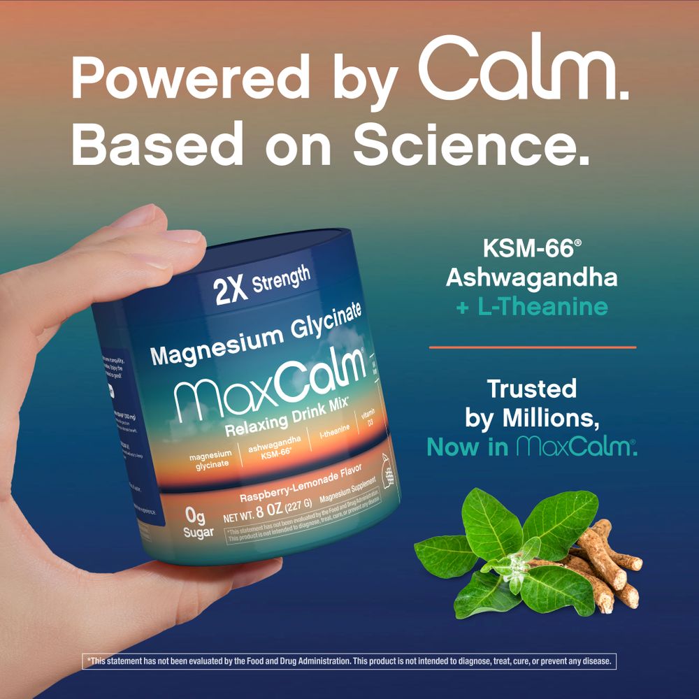 Max Calm Relaxing Drink Mix | Raspberry-Lemonade Flavor | Magnesium Glycinate, KSM-66 Ashwagandha, L-Theanine & Vitamin D3 | MaxCalm | Gluten-Free, Vegan | 8 Ounce Powder