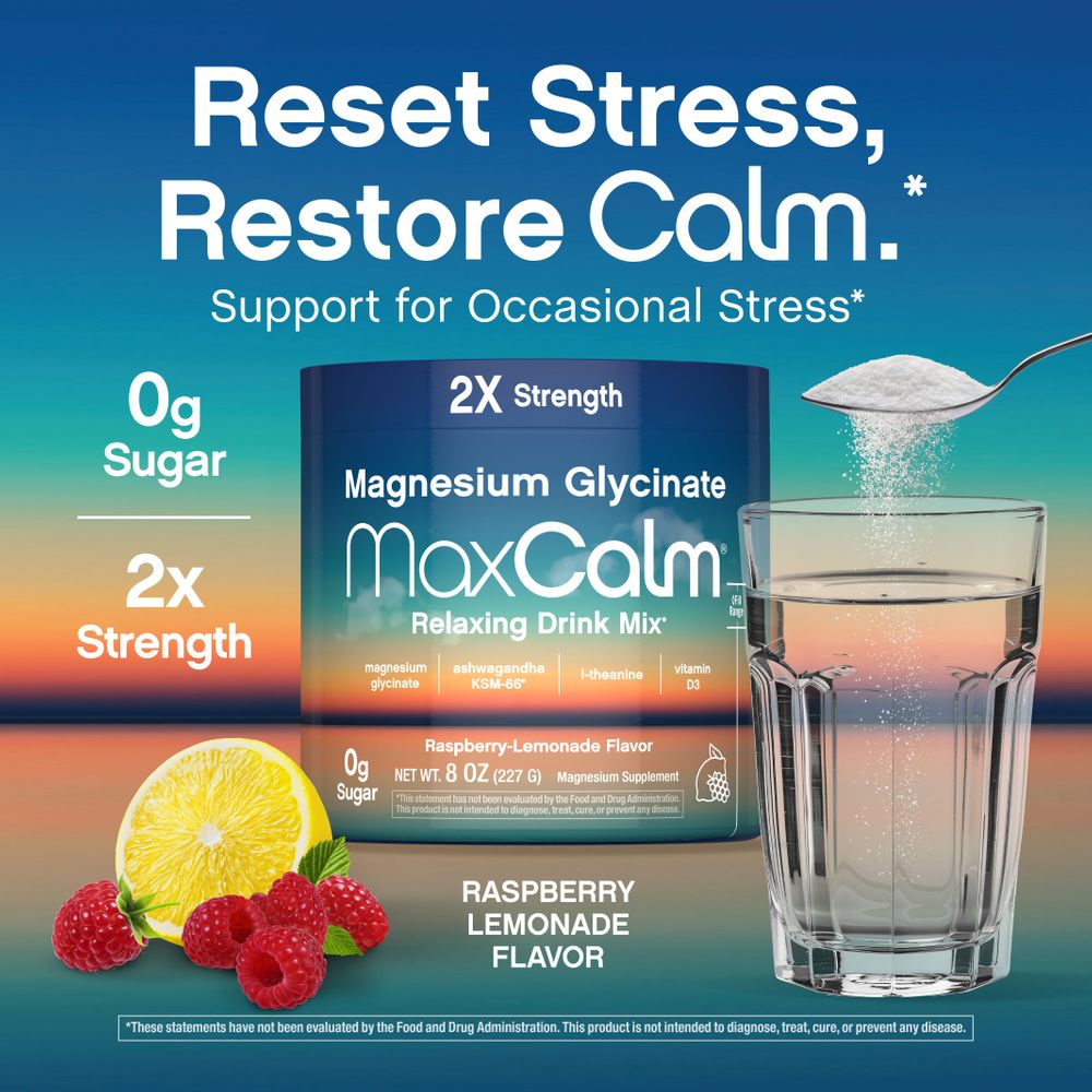 Max Calm Relaxing Drink Mix | Raspberry-Lemonade Flavor | Magnesium Glycinate, KSM-66 Ashwagandha, L-Theanine & Vitamin D3 | MaxCalm | Gluten-Free, Vegan | 8 Ounce Powder