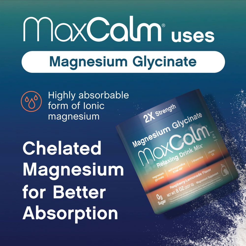 Max Calm Relaxing Drink Mix | Raspberry-Lemonade Flavor | Magnesium Glycinate, KSM-66 Ashwagandha, L-Theanine & Vitamin D3 | MaxCalm | Gluten-Free, Vegan | 8 Ounce Powder